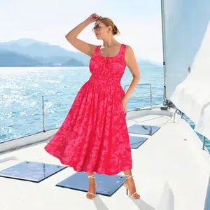 Ritera Plus Size Women's  Square Neck Elastic Waist Midi Dress Vacation Beach Dress with Floral Print Adjustable
