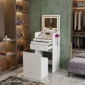 3-in-1 Compact Makeup Vanity Desk Flip LED Mirror Power Outlet 3 Drawers Storage Stool Small Dressing Table Gift for Women Girls