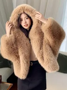 Women's Plus Size Faux Fur Hooded Coat, Fashionable Evening Date Jacket, Elegant Stage & Concert Wear, Warm Winter Outerwear