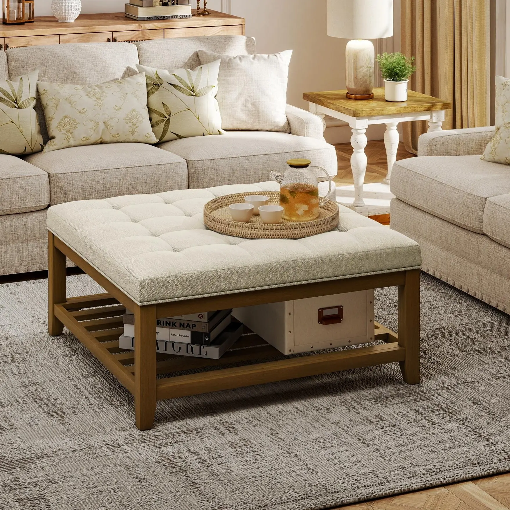 32" x 32" Linen Fabric Square Ottoman Coffee Table - Classic Colors, Solid Upholstered Footrest, Solid Wood Storage Shelf, Tufted, 400 lb Capacity, Assembly Required, Space-Saving Living Room Furniture