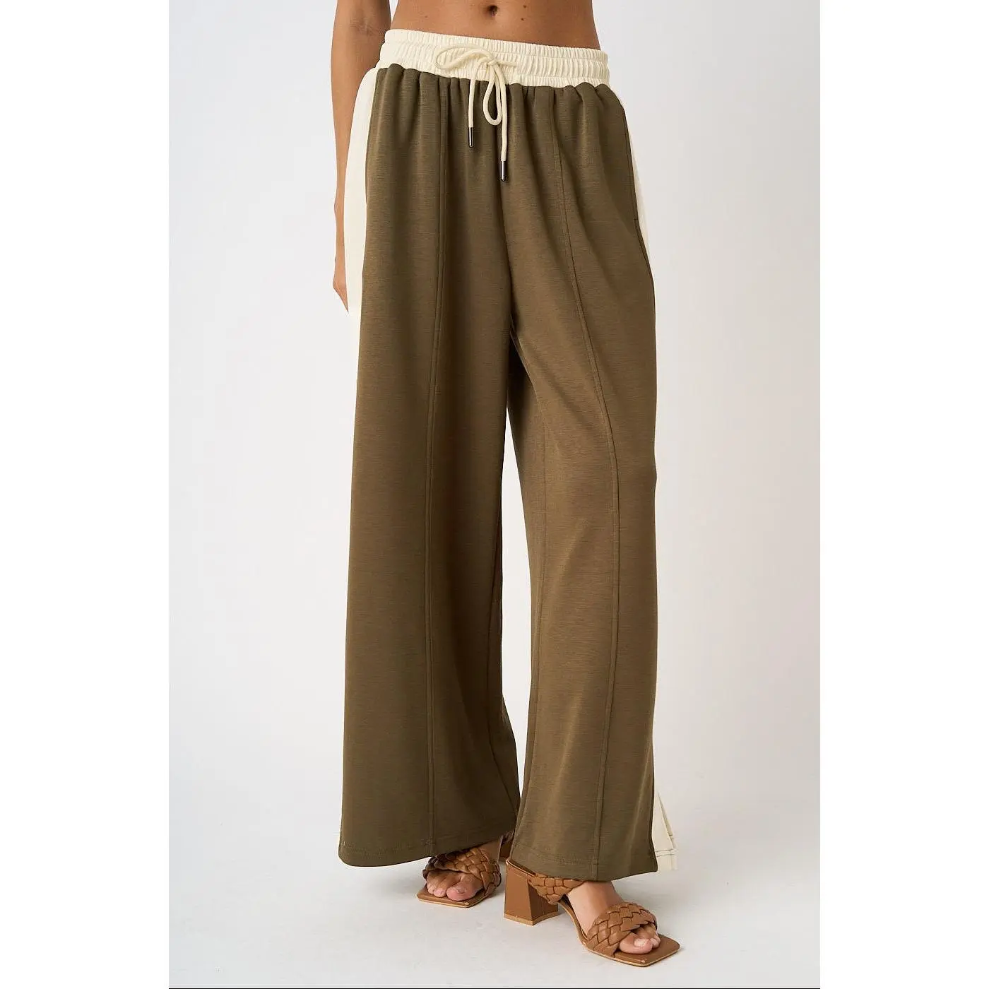 Carley Cloud Knit Contrast Stripe Wide Leg Lounge Pants ~ Olive