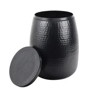 Merida Modern Rustic Hammered Metal Drum Storage Side Table with Lid