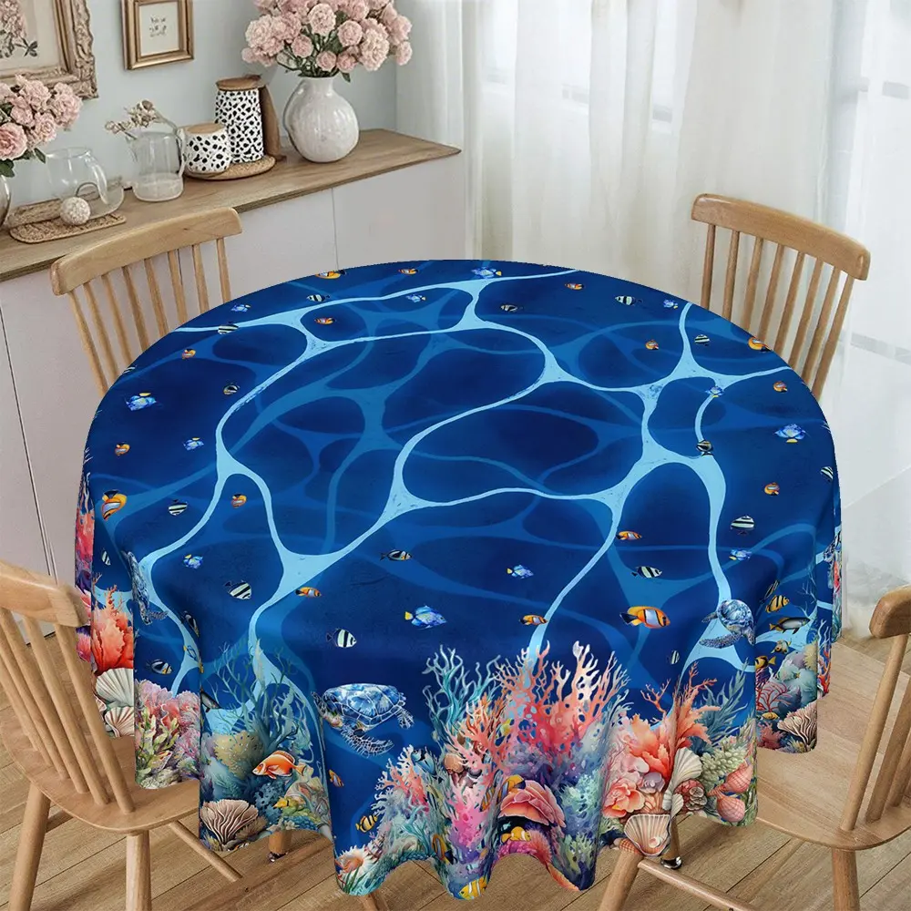 Underwater Coral Print Round Tablecloth, Furniture Protector, Party Decor, Holiday Gift, Suitable for Hotel, Restaurant, Home
