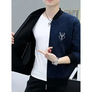 Bmuvlss Men'S Fleece-Lined Cardigan Sweater - Two-Tone Black & Navy Blue with Deer Head Logo, Stand Collar & Long Sleeves |   Warm Winter Coat for Fall/Winter |   Casual to Semi-Formal Outerwear |   Durable Non-Stretch Fabric |   Stylish & Comfortable Men