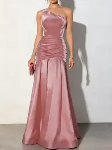 Women's One Shoulder Velvet Spliced Satin Vacation Maxi Dress, Diagonal Ruched Waist Mermaid Formal Evening Gown