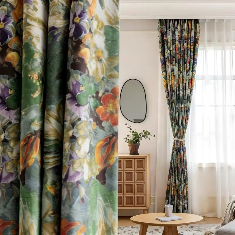 1pc Vintage Art Floral Watercolor Blackout Curtain, Bold Vibrant Colors, Retro Oil Painting Style, Suitable for Living Room Bedroom, Blackout Window Cover, Home Decoration Curtain, Curtains Floral