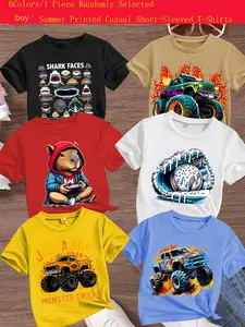 Boys Summer Casual Cool Truck Shark Print Comfortable Versatile Short Sleeve T-Shirt, Random Style, Loose Fit, No Zipper, Gift Clothing