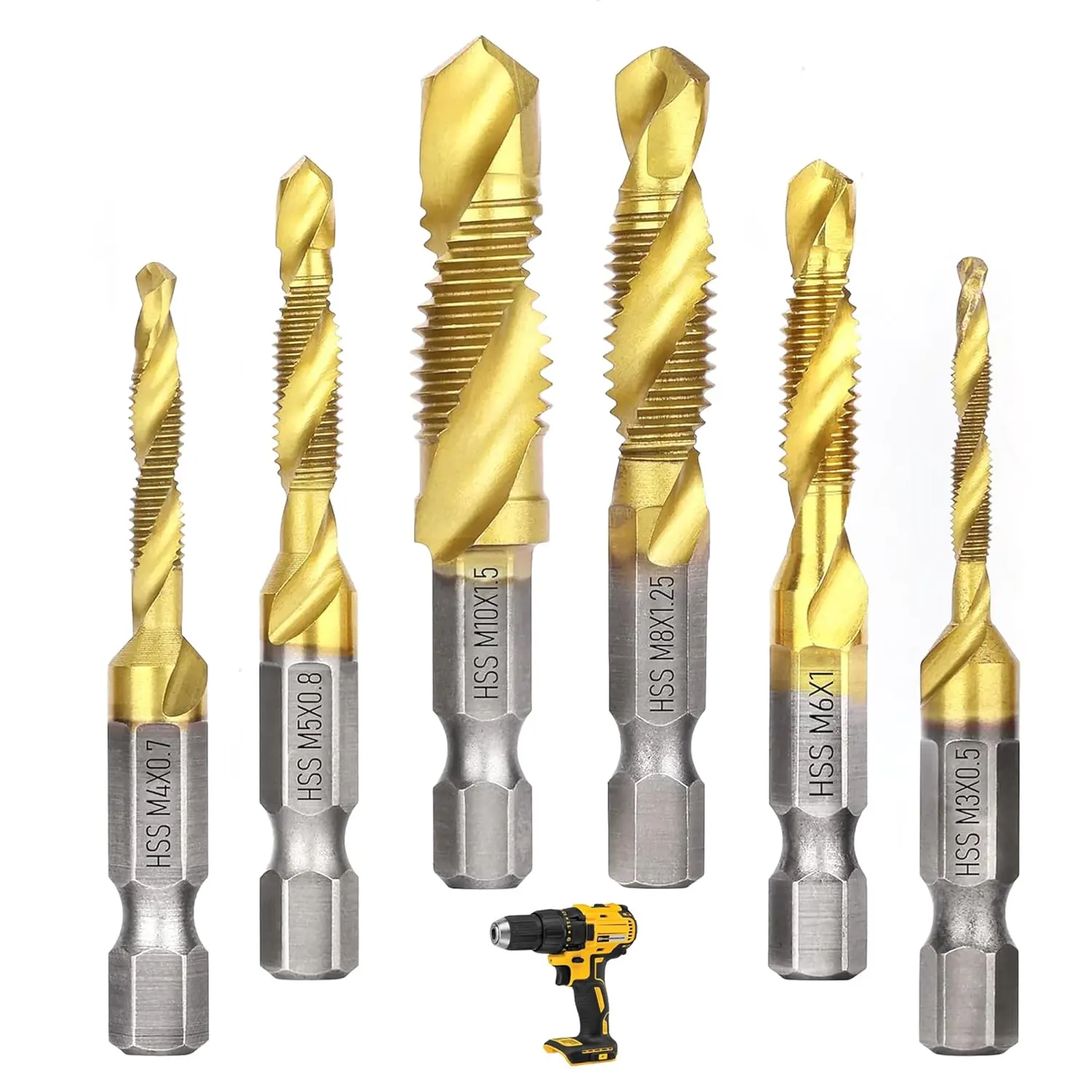Triple-Function M2 Steel Drill Tap Bit Set with Ultra TiAlN Coating, 6 Standard Multi-Size (M3-M10) Deburring Labor-Saving Hand Tool for Metalwork & Household DIY Enthusiasts