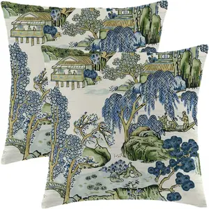 Chinoiserie Pillow Covers Set of 2, Asian Scenic Blue and Kelly Green Throw Pillows Farmhouse Chinoiserie Outdoor Decorative Pillowcase Linen Cushion Cover for Home Sofa Bedroom