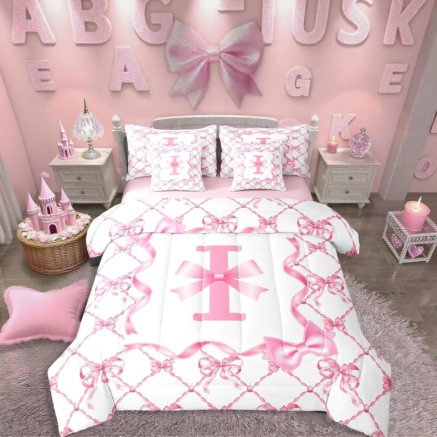 7Pcs Bow Gifts Bed in A Bag Monogrammed Alphabet I Comforter Set with Sheets Teen Girl Bedding Set,Pink Bowknot Sheets Set with Comforter