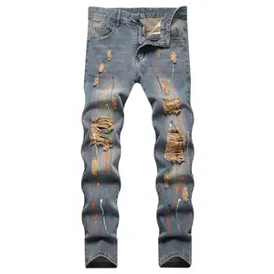 Men's Distressed Skinny Jeans with Paint Splatter Denim Light Wash Slim Fit Ripped Design Casual Menswear