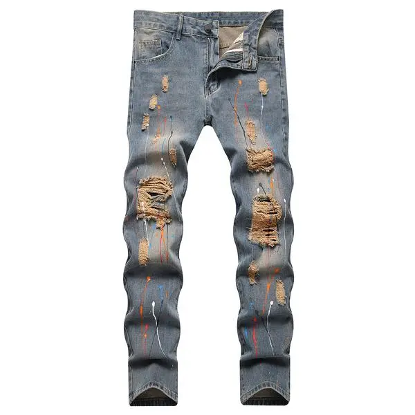 Men's Distressed Skinny Jeans with Paint Splatter Denim Light Wash Slim Fit Ripped Design Casual Menswear