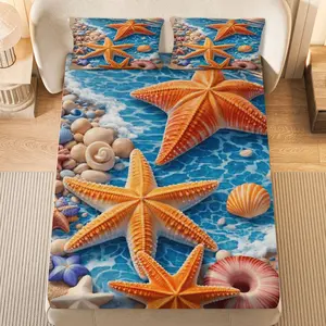 3Pcs Starfish Seashell Ocean Fitted sheet Three Piece Set (1*Fitted Sheet+2*Pillowcases, Coreless), Summer theme, Coastal Beach Bedding Set, Mattress protector Soft, Breathable