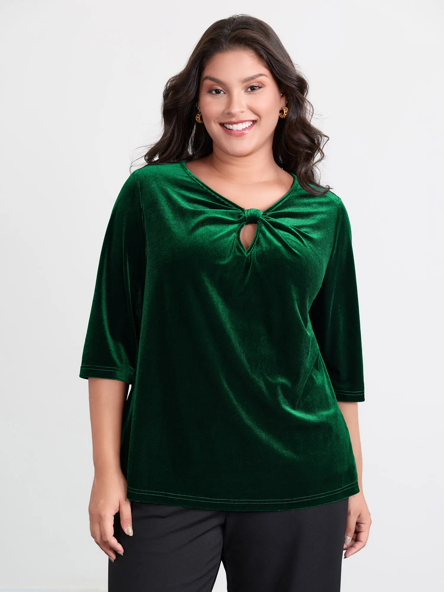 BloomChic Women's Timeless Velvet Blouse, Asymmetrical Twist-Neck Cutout, Elbow-Length Sleeve, Casual Regular Fit Top, Elbow Sleeves, Cut-Out Twist, Classic, Do Not Tumble Dry, Spandex