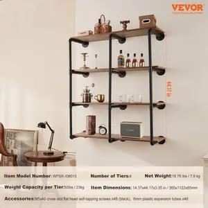 VEVOR Industrial Pipe Shelf, 4 Tier 3PCS, 11.8in Applicable Board Width Wall-Mount Floating Rustic Wood Shelves Bracket Bookshelf, Storage Holder for Kitchen Bedroom Bathroom, (Planks NOT Included)