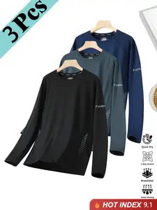 3pcs Men Solid Round Neck Long Sleeve Tee, Men's Fitness Wear, Men's Sportswear, Quick Dry Activewear, Athletic Sports Clothing, For Sports, Gym, Running, Training, For Athlete, Good Quality Fabric, Athletic Apparel