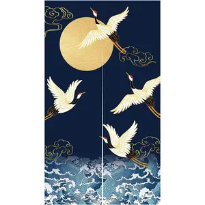 LIGICKY Noren Doorway Curtain Japanese Style Cranes Waves Gold Full Moon Printed Cotton Linen Window Treatment Door Tapestry for Home Decoration 33.5" Width x 59" Long, Navy Blue