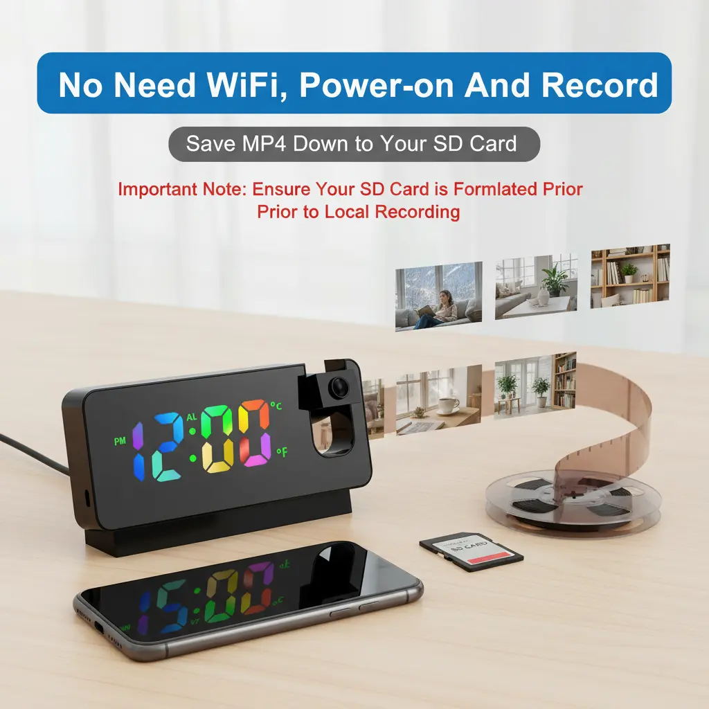 Digital Clock , 4K UHD High Definition, 2-in-1 Multifunctional: Time Projection & Real-Time Recording, WiFi6 for Remote Mobile Real-Time Viewing, Local SD Card Storage When Network Unavailable, Cloud Storage Available, Motion Detection Alerts