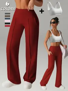 Women's Tank Top and Straight Leg Wide Leg Pants, Casual Quick Dry Yoga Pants with Pockets, High Waist Elastic Sports Set