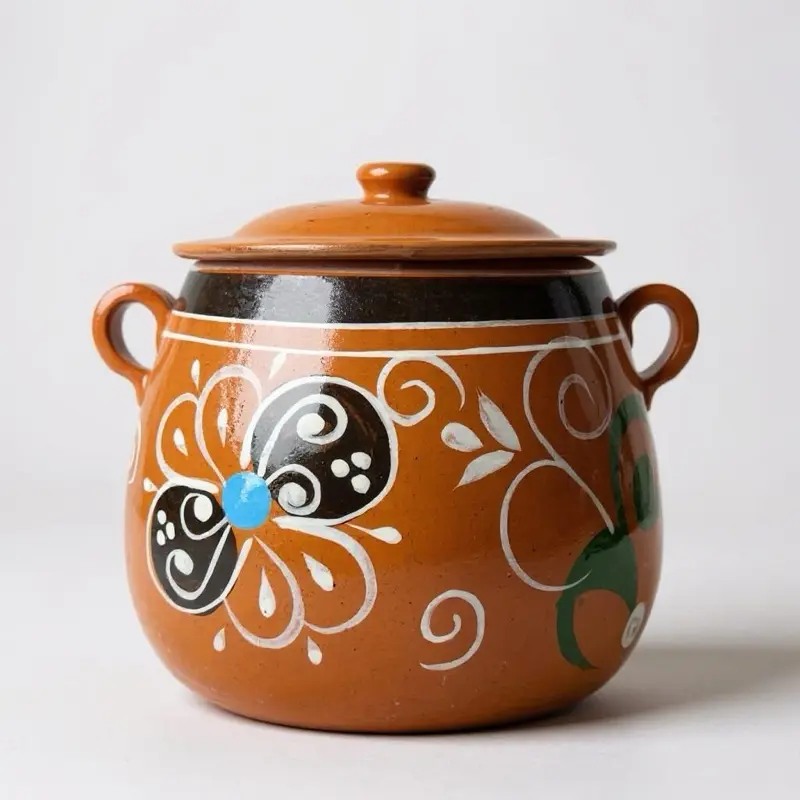 Food Safe Mexican Clay Bean Pot W/Lid, Olla De barro Frijolera Decorada Con Tapa, Cazuela Tradicional Large Cookware Traditional Classic, (1-1.25Gallon) (Olla Jalisco) (Food Safe) (Made In Mexico)