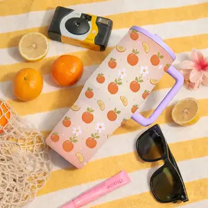 1 Pc 40oz Tumbler, Leak-Proof, Double Wall Insulated Travel Mug, Orange and Lemon Blossom Floral Design, Fun and Vibrant, Perfect for Hot & Cold Drinks, Durable, Strong Handle, Easy-to-Clean, Ideal Gift for Men and Women, Perfect for Summer, Travel, Offic