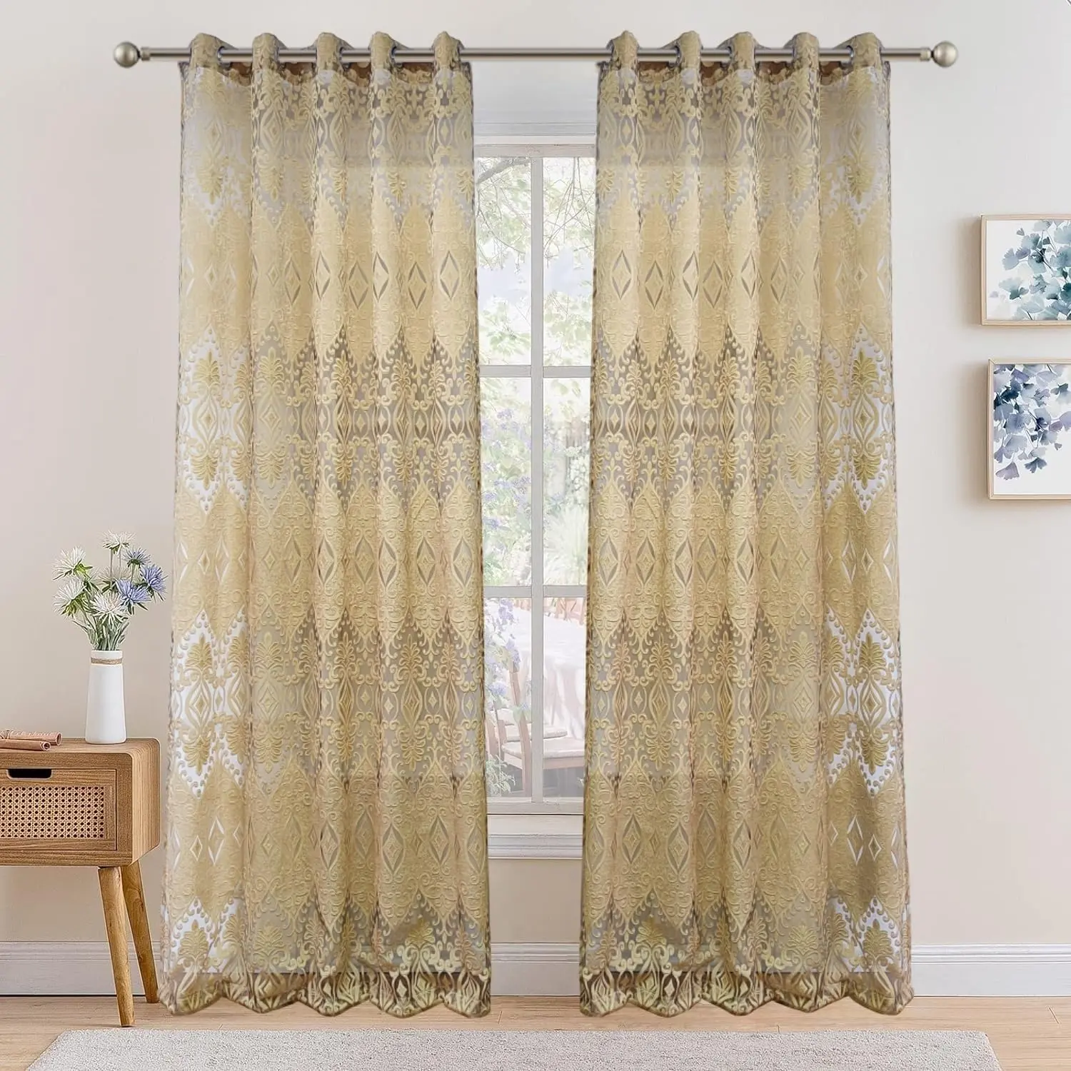Gold Jacquard Sheer Curtain 2 Panels for Living Room Grommet European Drapes Sliding Door Voile Curtain for Bedroom, Each Panel W52 x L84 inch