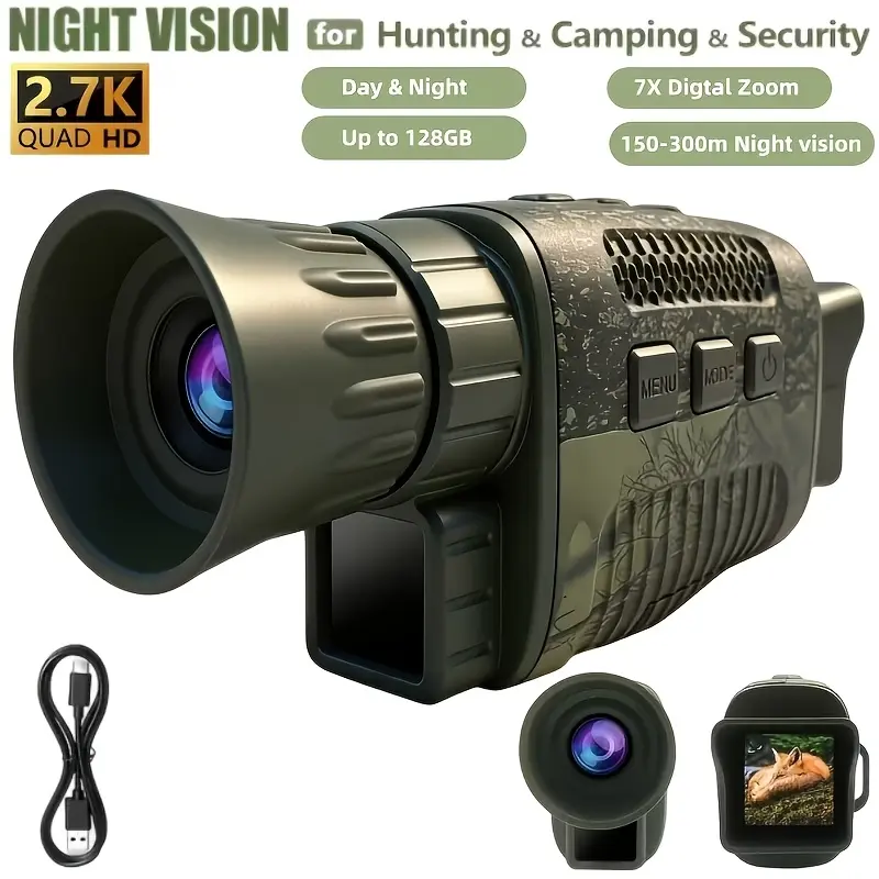 Night Vision Monocular for Hunting & Wildlife Observation, Portable Camouflage Scope with Quad HD Video, 7X Zoom & 7-Level IR, Outdoor, Compact