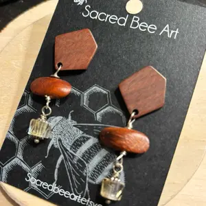 Sacred Bee Art Handmade Wood Earrings with Vintage Design Hexagon and Oval Shapes