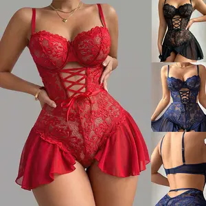Women Bow Ruffle Cut Out Sheer Mesh Lace Lingerie Romper
