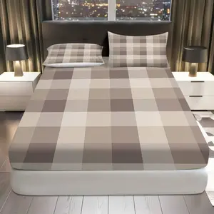 3Pcs Plaid Checkered Neutral Fitted Sheet Three Piece Set (1*Fitted Sheet+2*Pillowcases, Coreless), Home Decor theme, Modern Bedroom Bedding Set, Mattress Protector Soft, Breathable