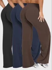 3 pcs Women's High-Waisted Straight-Leg Pants Set, Loose Fit Yoga Sportswear, Casual Outdoor Fitness Wear, All-Season Street Style