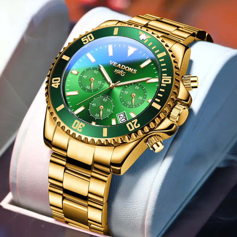 Veadons Men's Luxury Dress Watch, Green Dial, 40mm Stainless Steel Strap, Rotating Quartz Analog, Waterproof Luminous Large Dial Boss Wristwatch summer business trendy choice