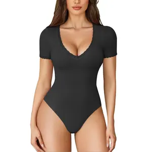 Avidlove Short Sleeve Bodysuit for Women Lace V Neck Body Suits Double Lined Compression Top Essential Feminine Elegance