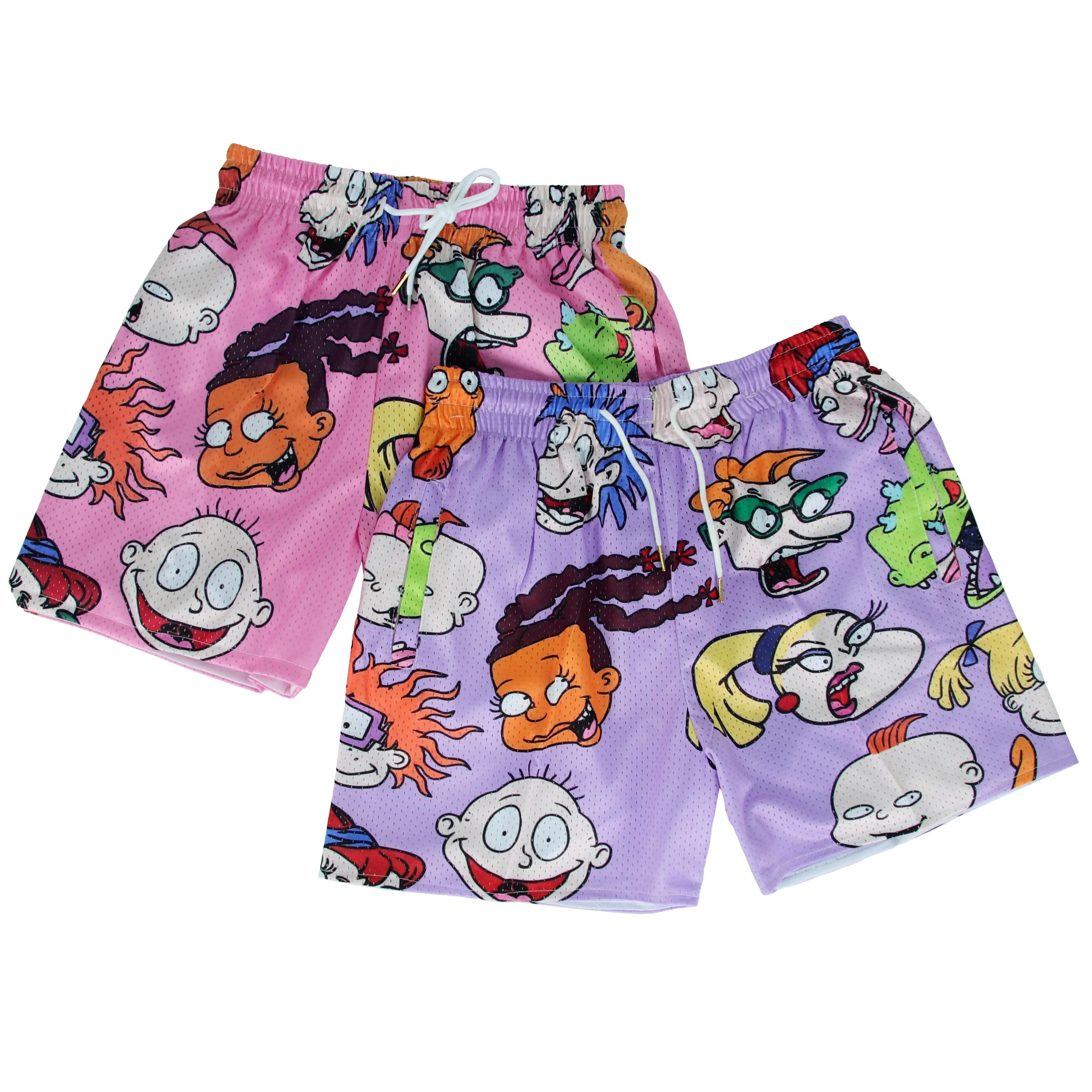 Rugrats AOP Retro Anime Shorts Purple & Black & Pink Unisex Sports Double-Layered Inner Shorts Full Print Drawstring Design Men Women Mesh Basketball Shorts 4 Pockets 5.5 Inseam