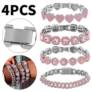 4PCS Gold Bracelets for Women Silver Clustered Tennis Bracelet for Women Heart Round Diamond Cuban Bracelet Layered Link Bracelet Set Fashion Jewelry for Women Set