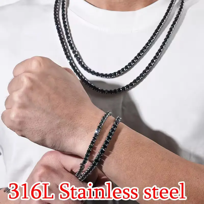 Luxurice Black Ice Tennis Chain 316L Stainless Steel Moissanite Shine Free Diamond Tester for Adults Unisex Design with GRA Certified Stones