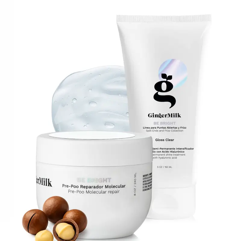 Pre-Poo & Gloss Clear Treatment Set, Be Bright | Pre-Poo 8 oz + Gloss Clear 5 oz | Repairing, Color-Enhancing & Glass-Hair Shine Care for Dry, Damaged & Dull Hair | Ginger Milk