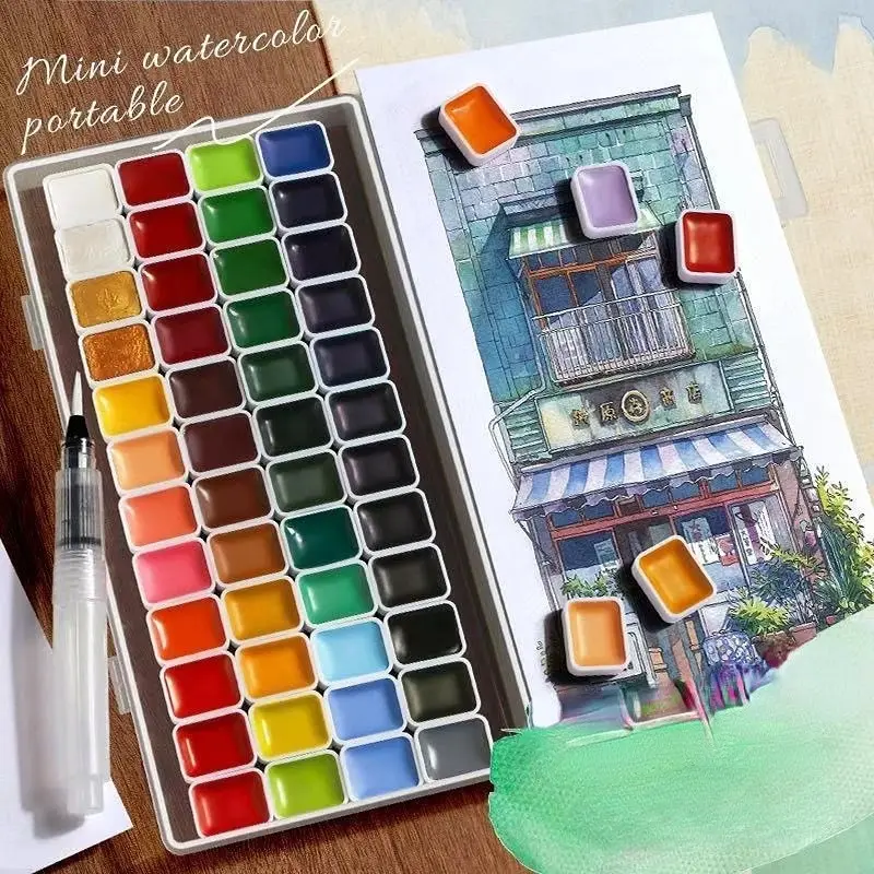 48 Color Solid Watercolor Paint Set with Metal Case & Brush, Highly Pigmented Watercolor Art Painting Supplies for Beginners, Students & Outdoor Painting