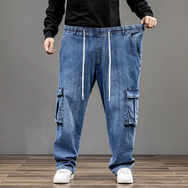 Men's Cargo Jeans, Big & Tall Loose-Fitting Full Length Denim Pants with Elastic Waist, Plus Size 4XL-9XL for Casual & Work, Menswear, Oversized, Baggy, Plain, Clothes, All Seasons, Stretch, Denim For Daily Wear, Below Ankle, Elastic Waist, Easy On/Off