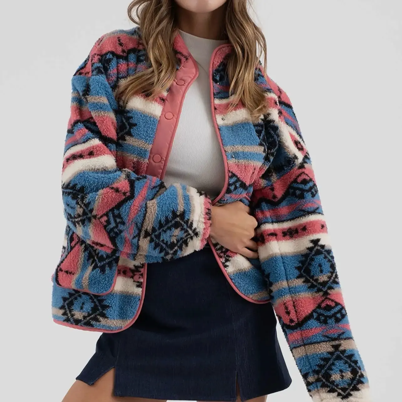 Multi Print Fleece Jacket - Women's Coat with Multi-Print Design and Comfortable Fit - Womenswear, Coats
