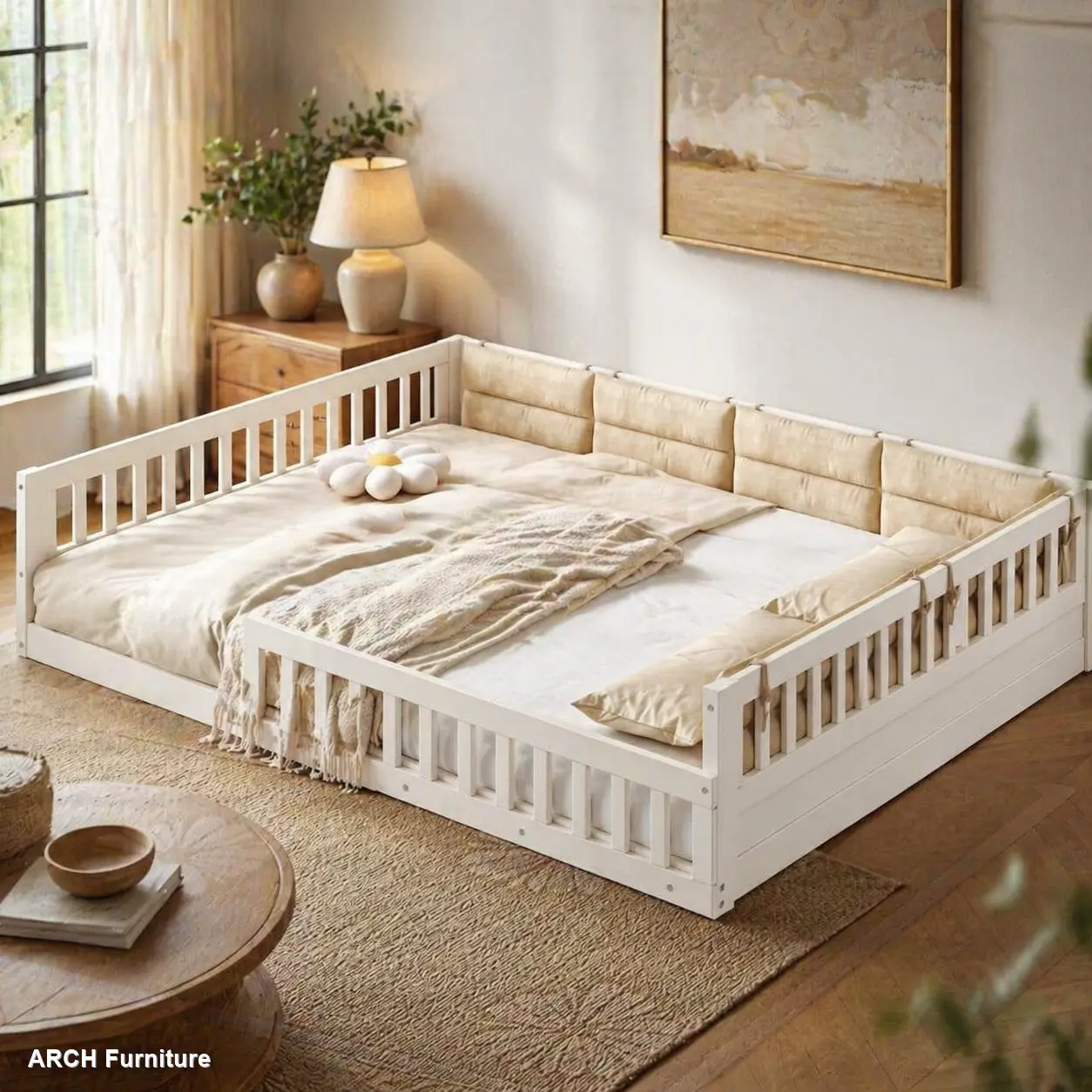 Full Size Pine-MDF Upholstered Platform Headboard Bed Frame - Self-Assembling Pine Bed Frame, Clean Look, Safe Guardrail Design, Included Pillows, Beige Indoor Furniture, Headboard Bed Frames, Self-Assembling Bed Frames