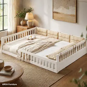 Full Size Pine-MDF Upholstered Platform Bed - Clean Look, Safe Guardrail Design, Included Pillows, Beige Indoor Bed Frame