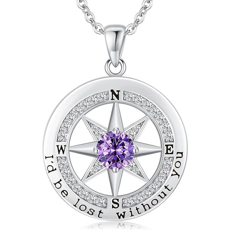Personalized 12 Birthstone Compass Necklace | 925 Sterling Silver with Gold/Rose Gold/White Gold Plating + Zircon, Birth Month Jewelry for Women, Ideal Birthday Gift