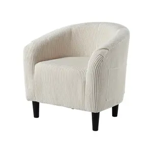 Garvee and Garvee Accent Chairs: Elegant and cozy barrel and club chairs with soft cushions, armrests, and sturdy legs, available in velvet, boucle, corduroy, and linen fabrics in multiple colors for versatile living spaces.