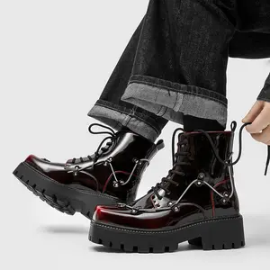 Men’s British Style Patent Leather Square Toe Work Boots Thick Sole Fashion High Top Boots