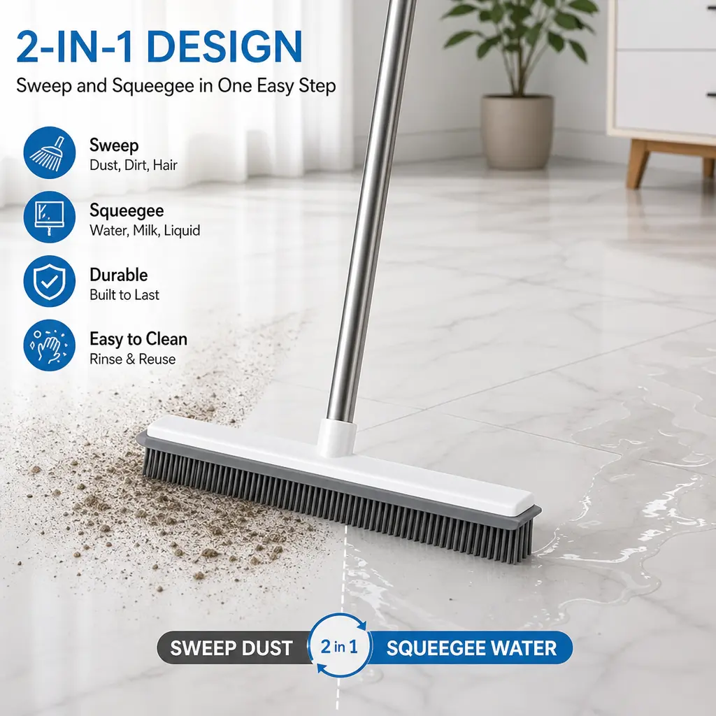 Stainless Steel Pet Hair Remover Broom - Comfortable Multi-Surface Cleaning Tool for Carpet Raking, Floor Squeegeeing, Hard Floor Cleanup, Household Home Care Supplies