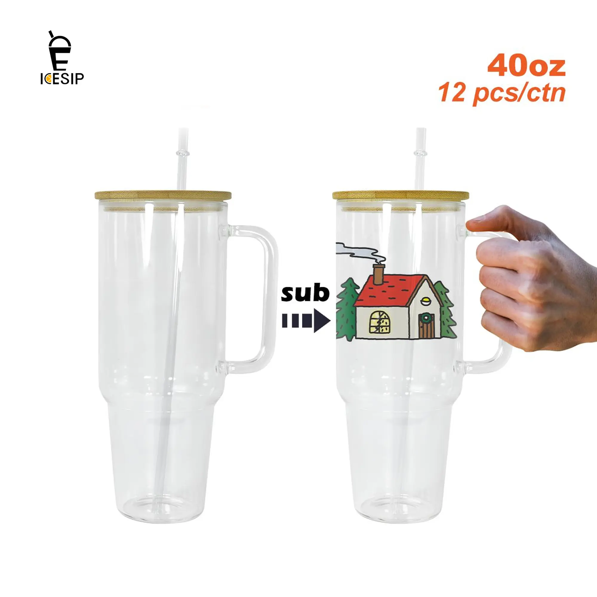 ICESIP 12pcs/ctn 40oz sublimation clear glass handle tumbler mug with plastic straws,Cocktail Beer Soda Juice Party using Meet daily drinking water needs