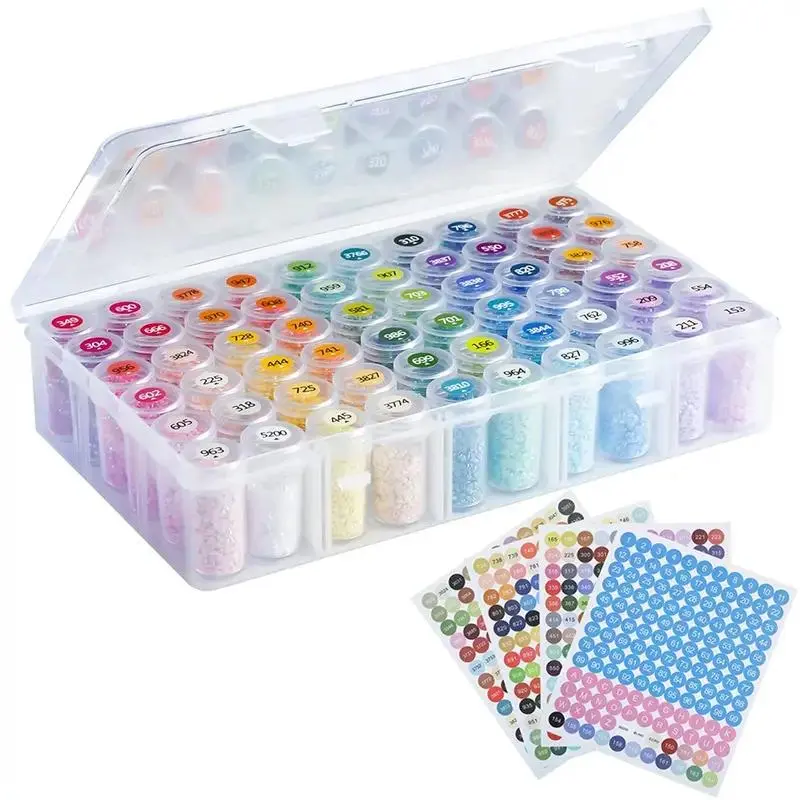 60 Bottles Faux Diamond Beads Storage Box, DIY Diamond Art Painting Tool Storage Box with Stickers, Glass Beads Storage Box for Home Craft Projects, Diamond Art Tools, DIY Craft Supplies