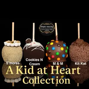 A Kid At Heart Gourmet Caramel/Candy Apple Collection 4 pack S’mores, Cookies N Cream, M & M, and Kit Kat Chocolate Bonbon
