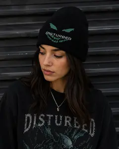 Unisex Disturbed Green Face Black Beanie Hat, Fashion Accessory for Daily Wear